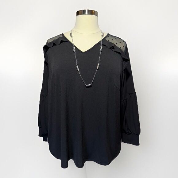 Adrianna Papell Tops - Adrianna Papell Shirt Womens Medium Black Heart Mesh Ruffle Yoke Top Blouse NWT
